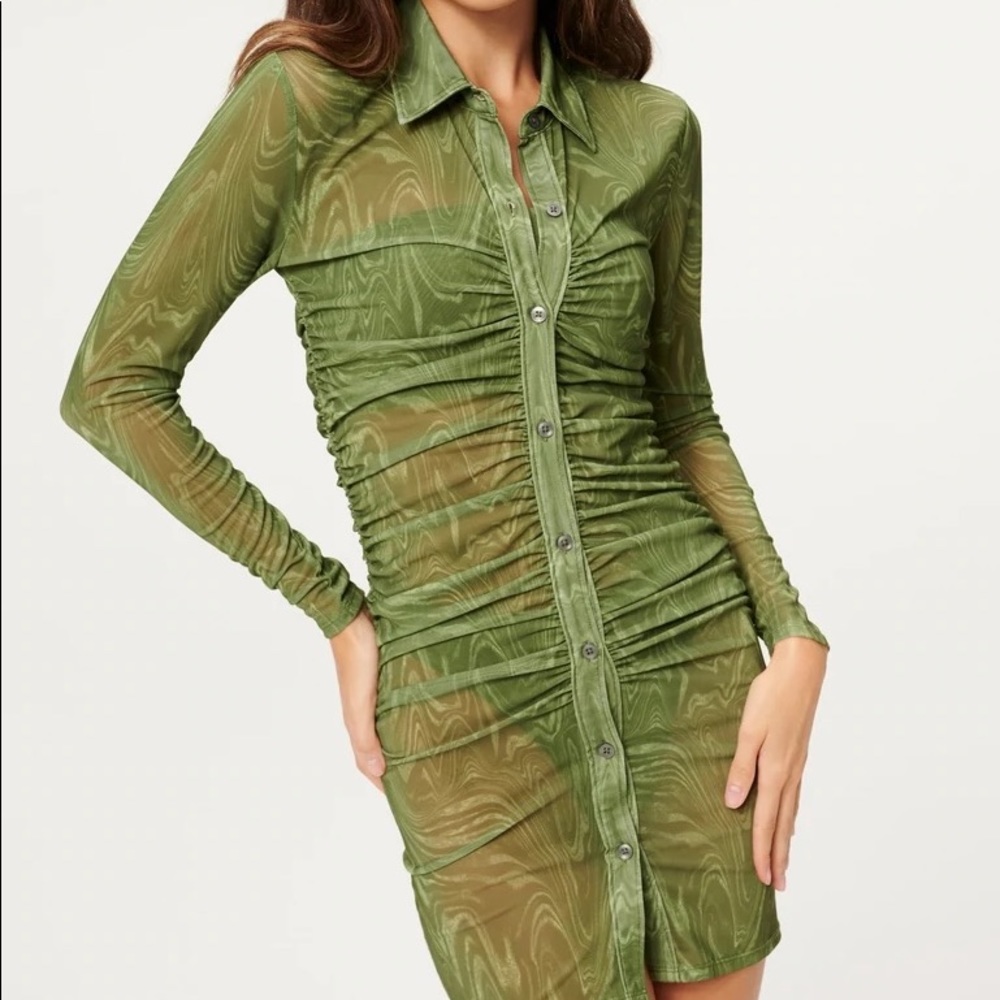 FINAL Good American MESH RUCHED BUTTON UP in Pesto Swirl